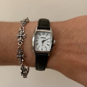 Y2K Silver Black Leather Quartz Watch with Curved Dial Unisex 8.5" New